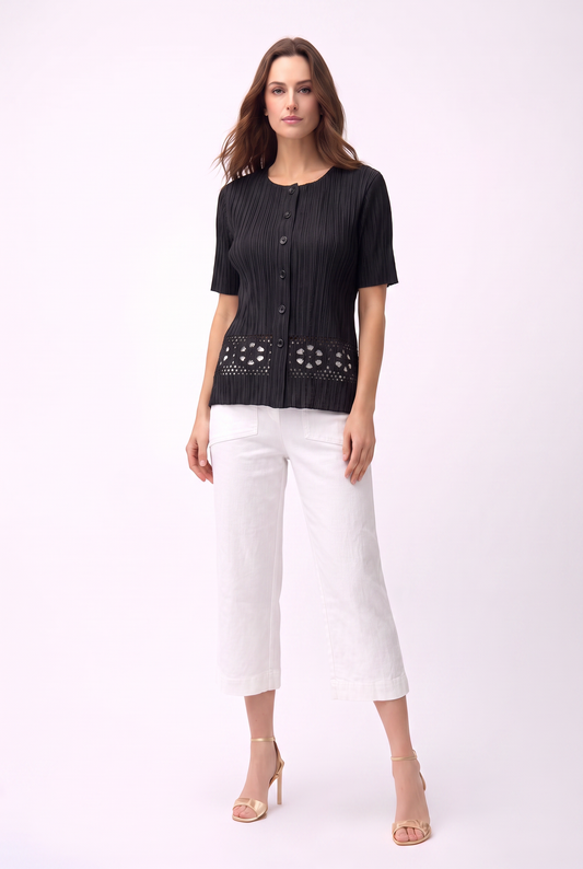 Pleated Cutout Short Sleeve Button-Front Top- Black