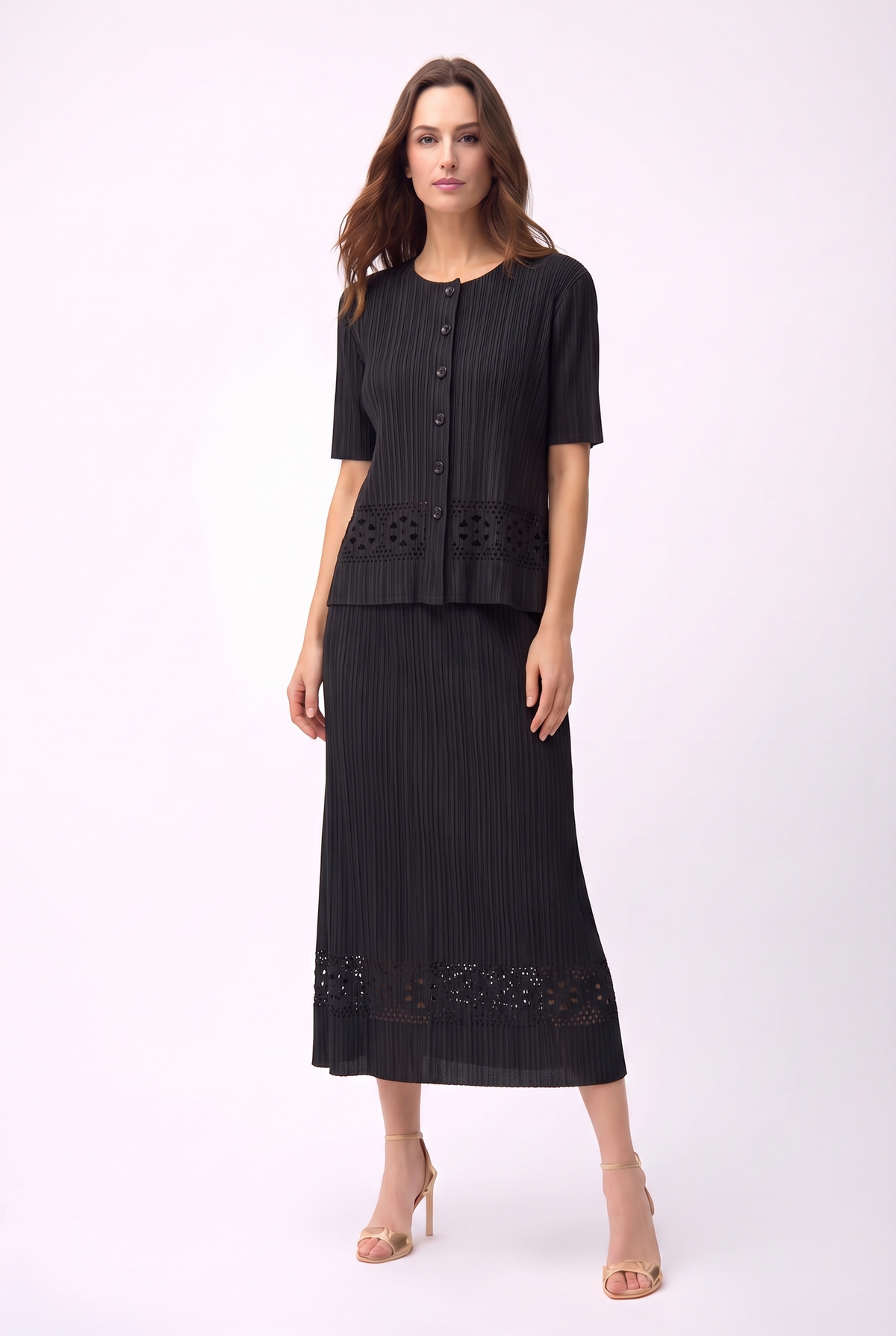 Pleated Cutout Short Sleeve Button-Front Top- Black
