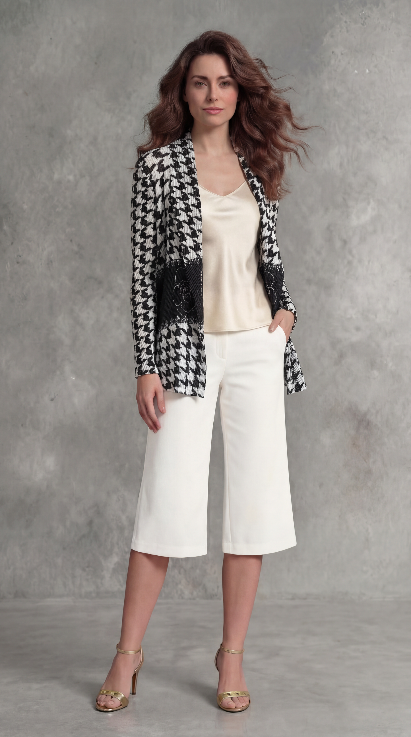 Pleating Jacket- Shawl Collar - Houndstooth