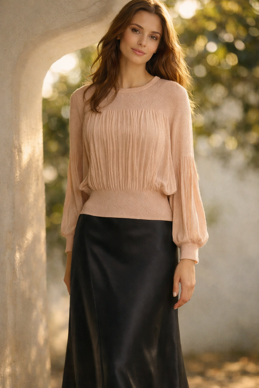 Pleating Long Sleeves Top- Chiffon Flow (Peach)
