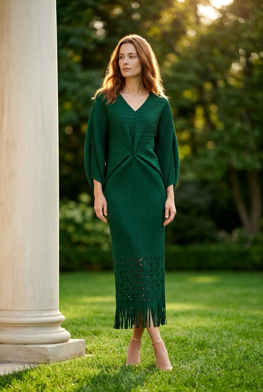 Ellyndale Pleated Cutout Dress with Fringe - Dark Green