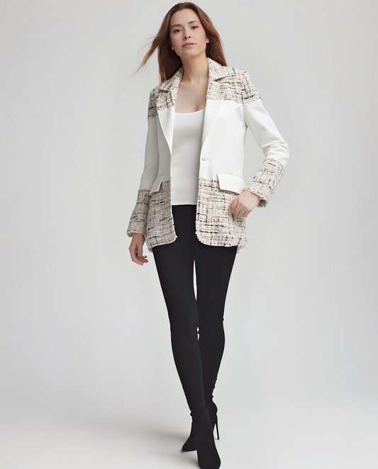 Blazer Tweed Ponte Sandwich Jacket (Cream)