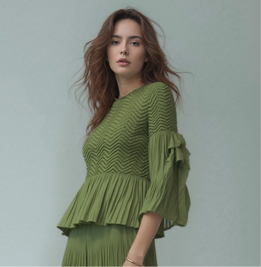 Pleated blouse top with flared sleeves & sweep (Green)
