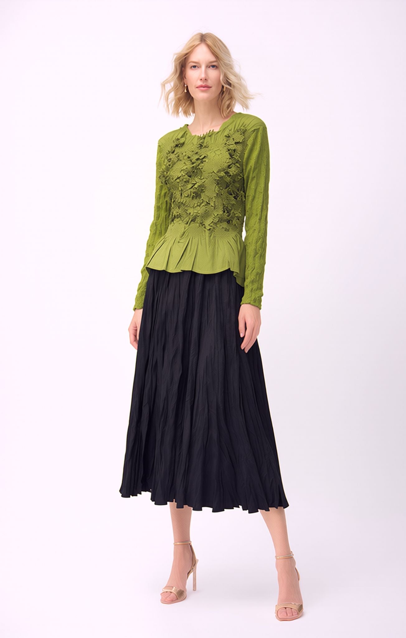 Pleated 3D flower L/S blouse ( Green )