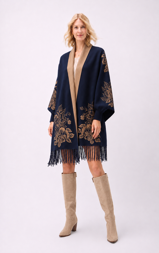 Reversible Peony Jacquard shawl with Arm Openings- Navy/Sand