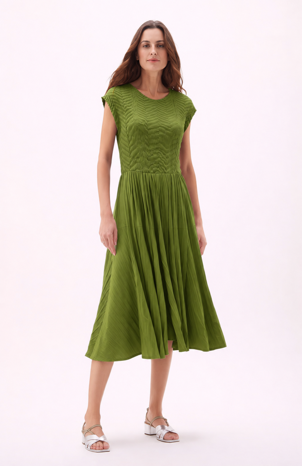 Pleated dress with Cupsleeves  ( Green )