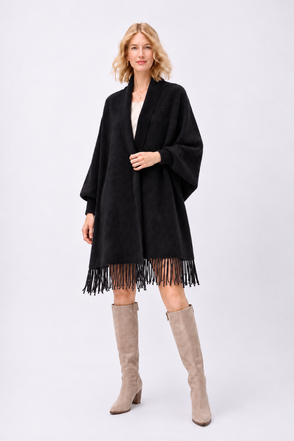 Soft Faux Mink Knit Shawl with Arm Openings - Camel