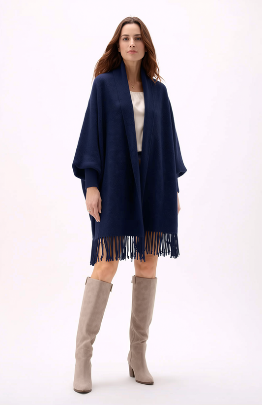 Soft Faux Mink Knit Shawl with Arm Openings - Navy