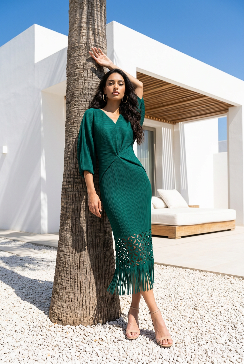 Ellyndale Pleated Cutout Dress with Fringe - Dark Green
