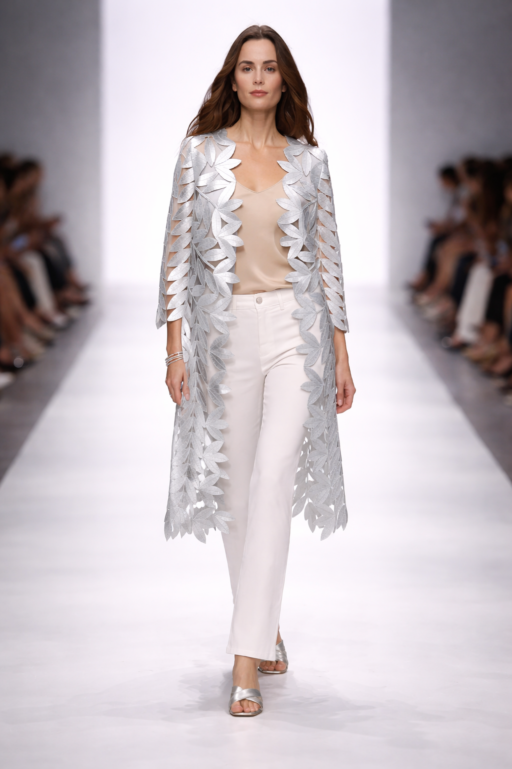 Faux Leather leaves long Jacket with 3/4 sleeves (Silver)