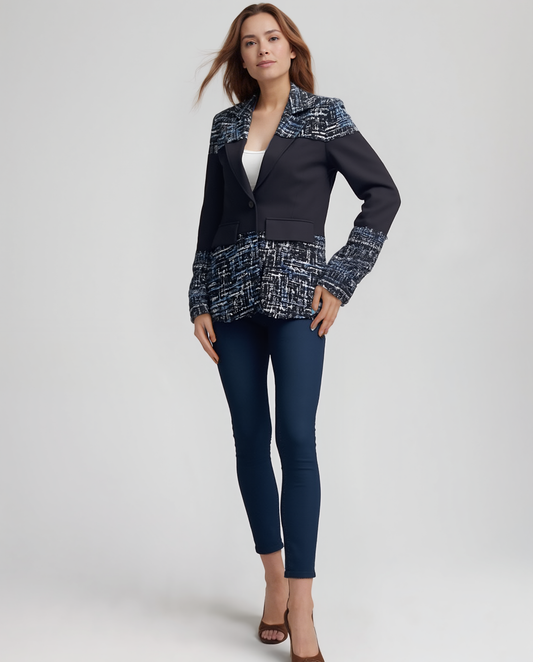 Blazer Tweed Ponte Sandwich Jacket (Black)