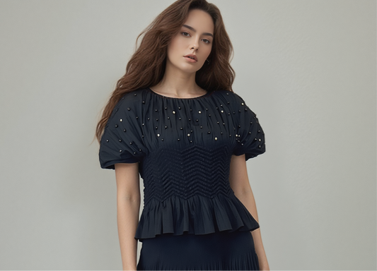 Pleated blouse top with pearls & Diamonds (Black)