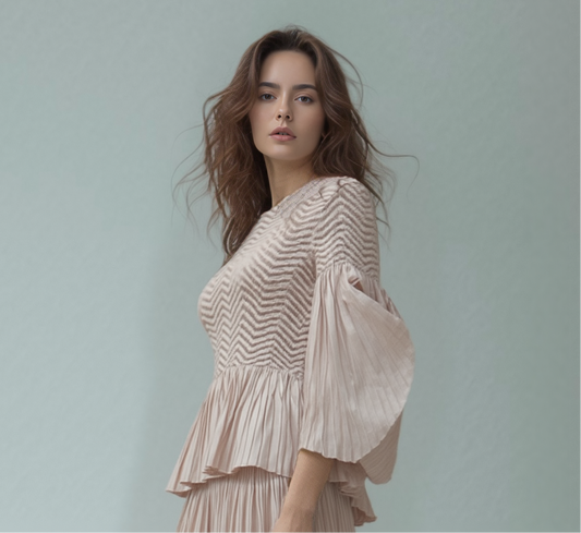 Pleated blouse top with flared sleeves & sweep (Pink)