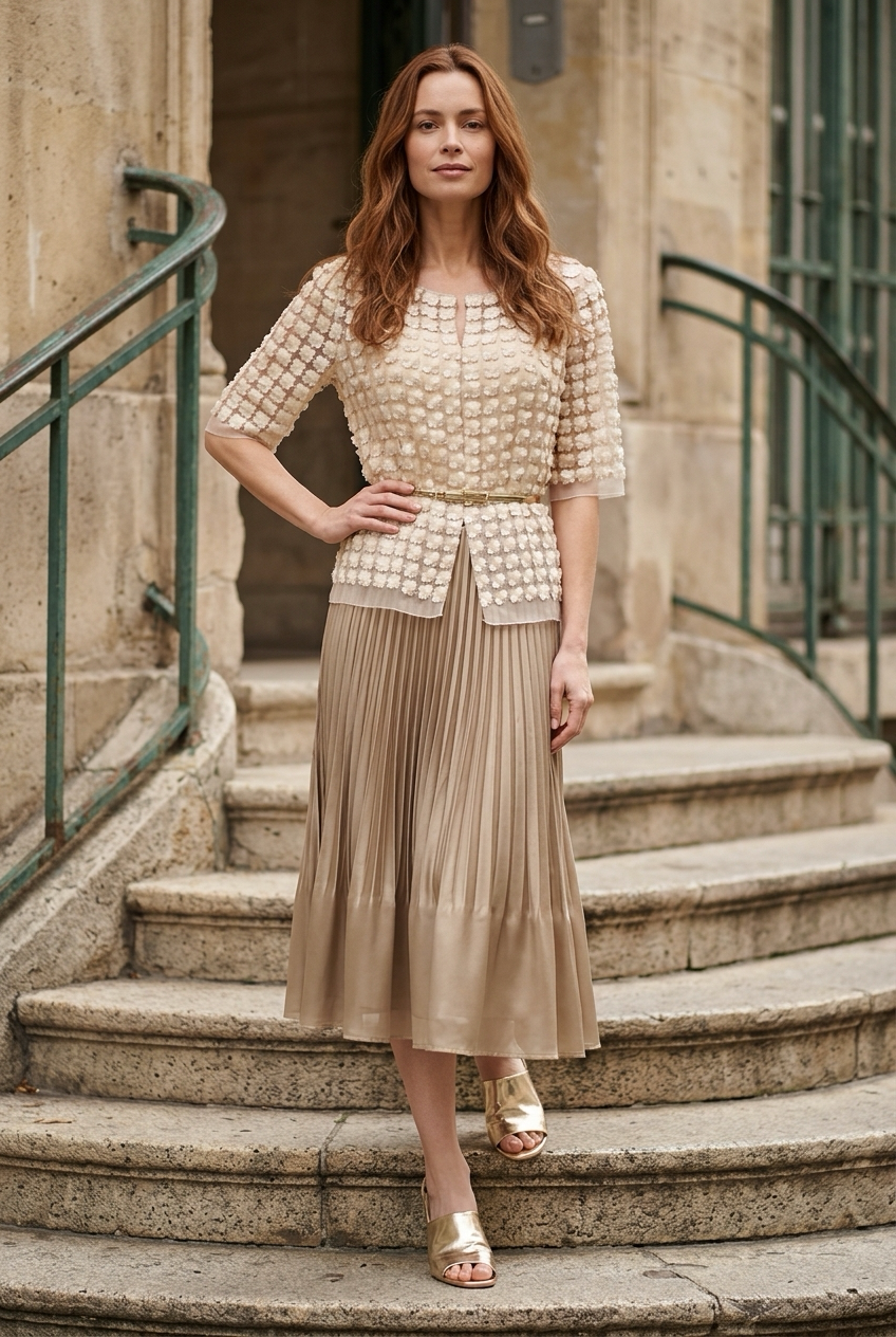 Short Lace Organza shirt with 3/4 sleeves  (Ivory)