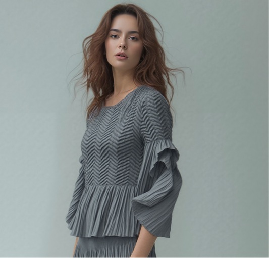 Pleated blouse top with flared sleeves & sweep (Grey)