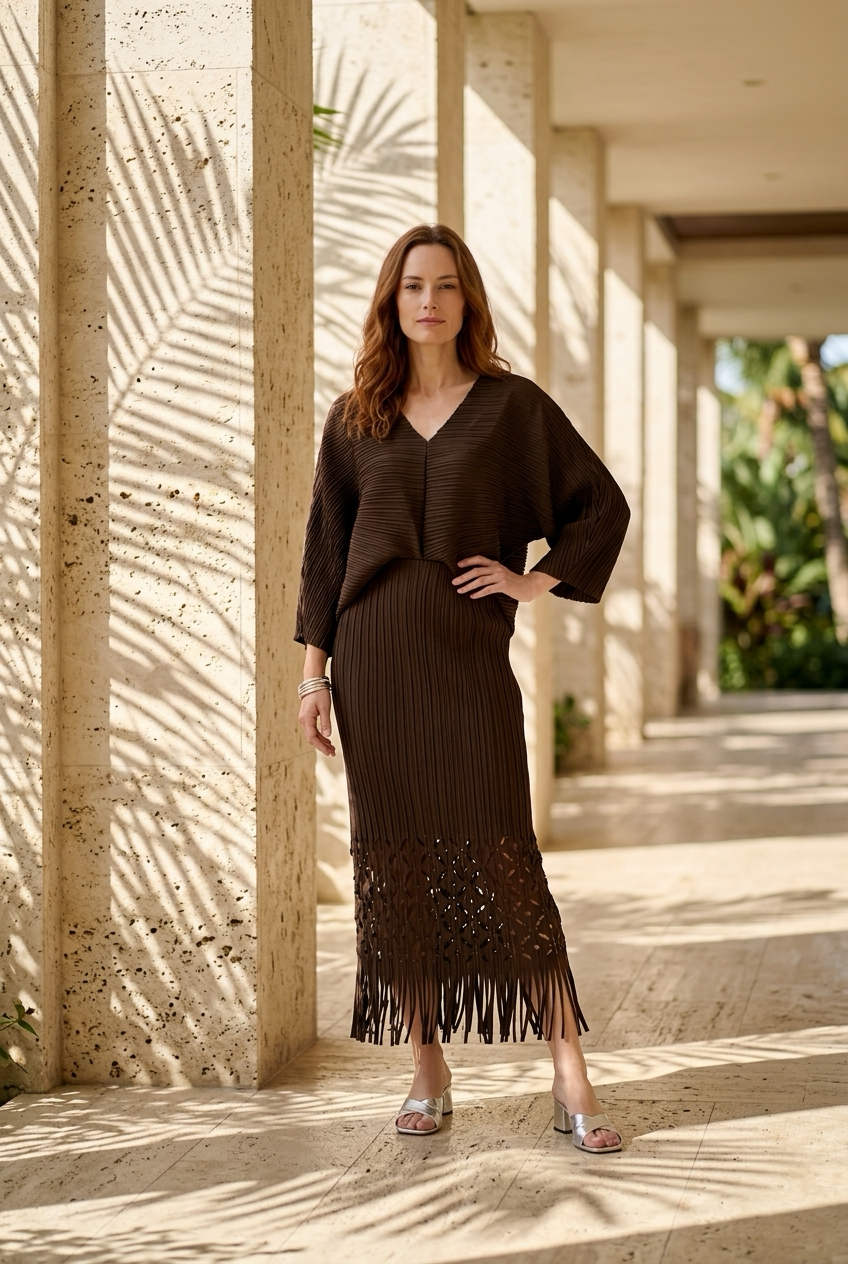 Ellyndale Pleated Cutout Dress with Fringe - Khaki
