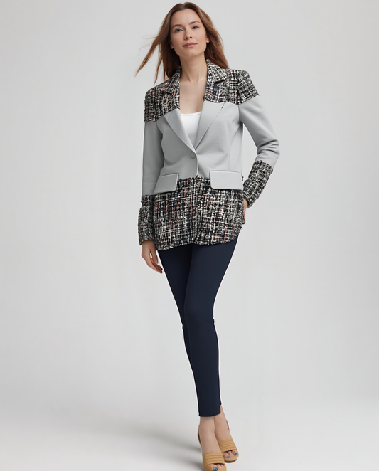 Blazer Tweed Ponte Sandwich Jacket (Grey)