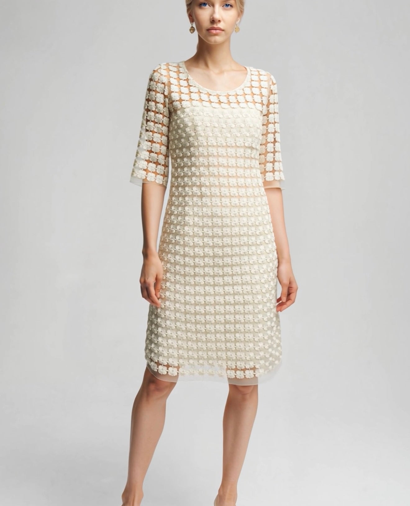 Lace Organza short sleeve Shift Dress with matching cami dress  (Ivory)