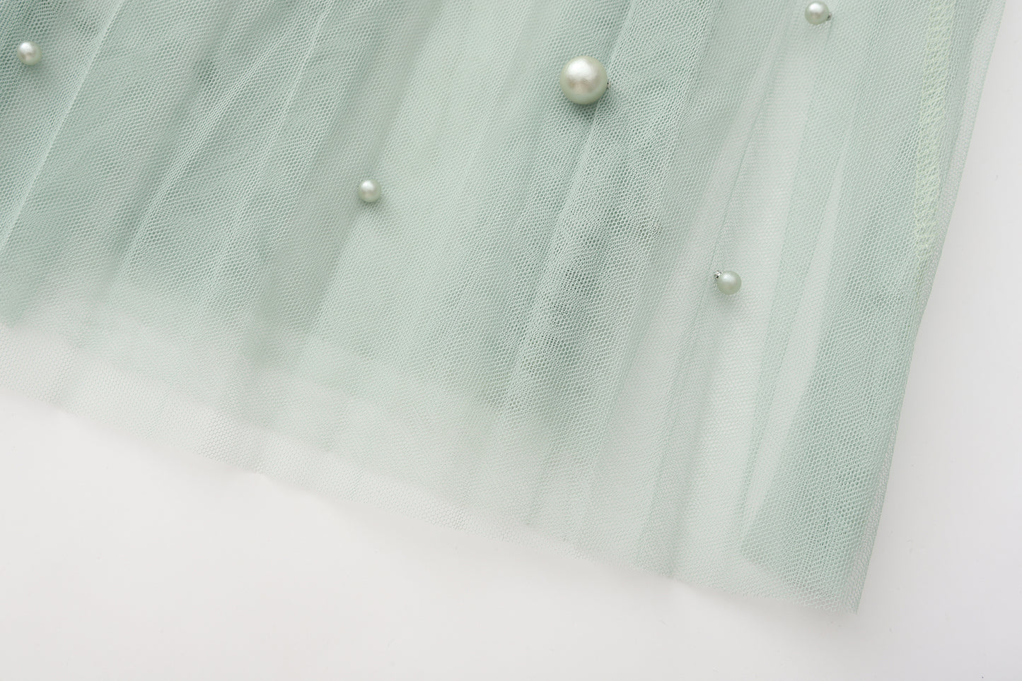 Fairy pleating mesh Skirt with vary size Pearls at hem (Sage)