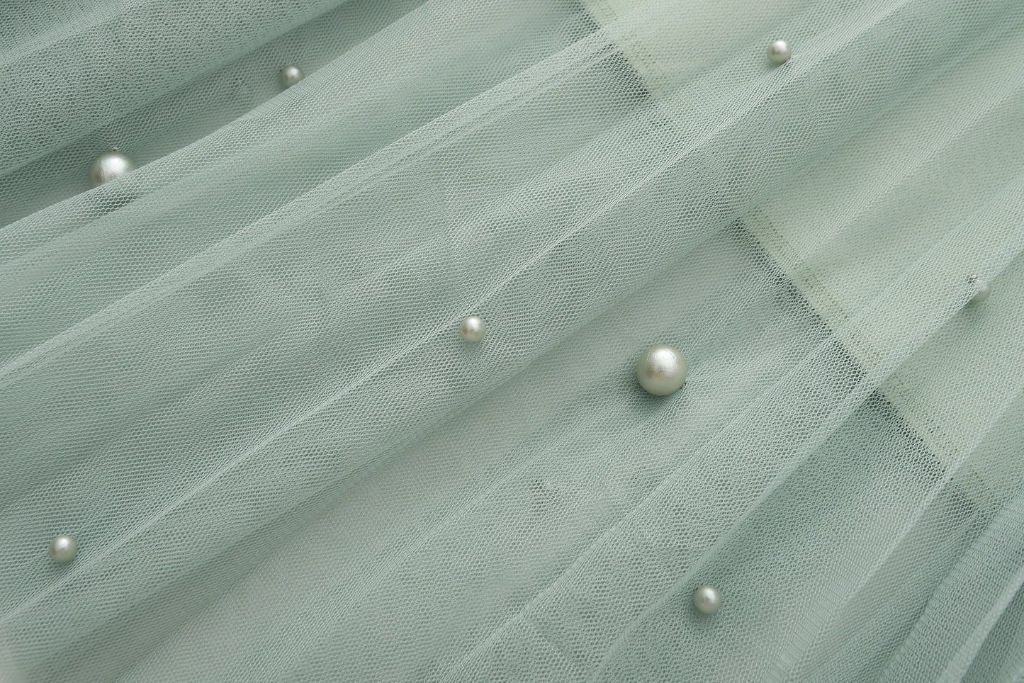 Fairy pleating mesh Skirt with vary size Pearls at hem (Sage)