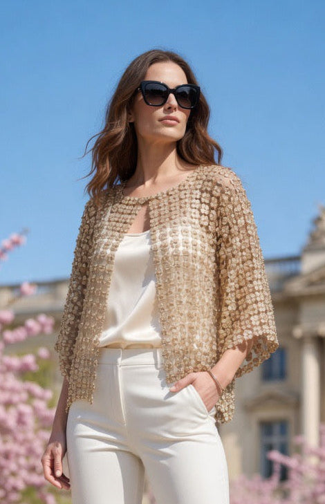 Short Lace coverup with all over Pearls attached  (Champagne)