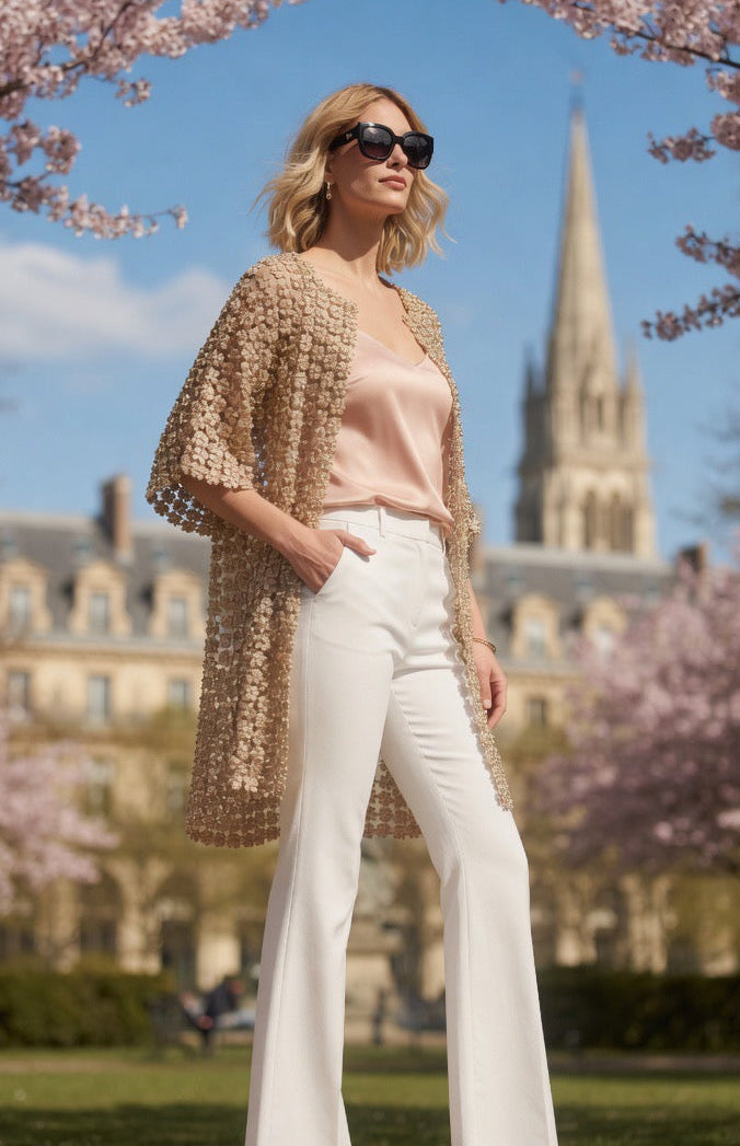 Long Lace coverup with all over Pearls attached  (Champagne)