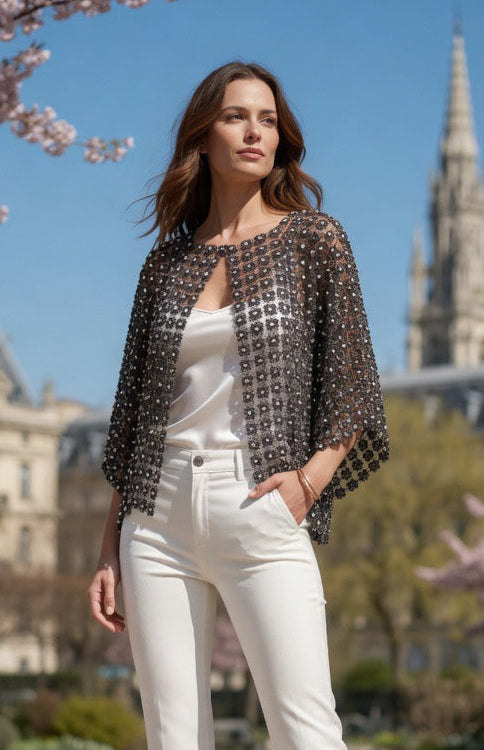 Short Lace coverup with all over Pearls attached  (Black)