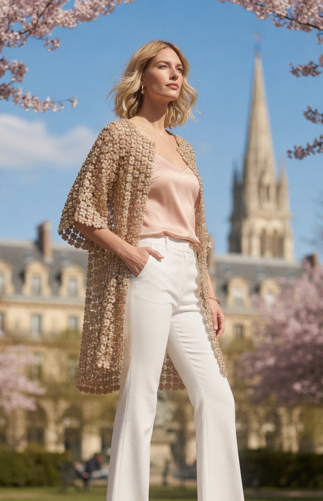 Long Lace coverup with all over Pearls attached  (Champagne)