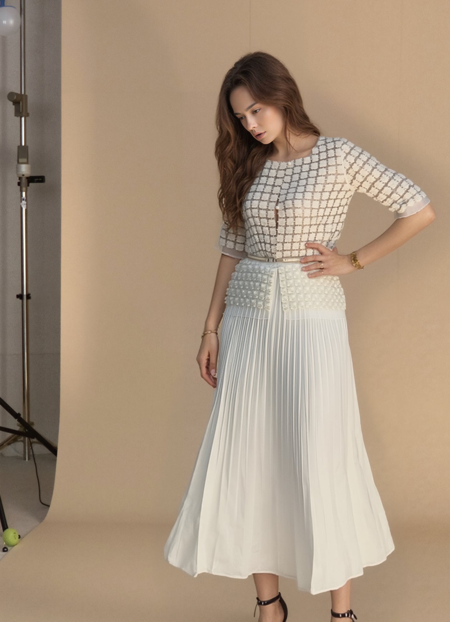Short Lace Organza shirt with 3/4 sleeves  (Ivory)