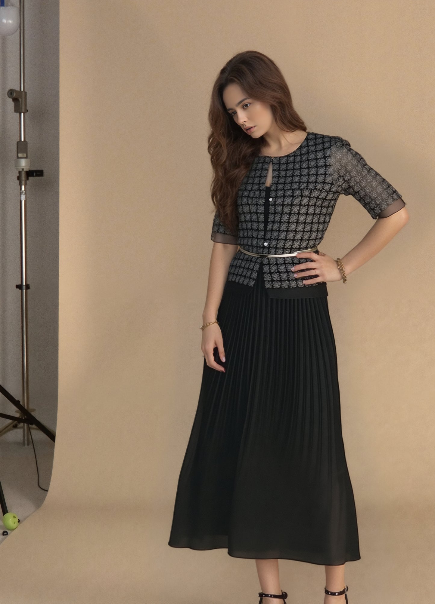 Short Lace Organza shirt with 3/4 sleeves  (Black)