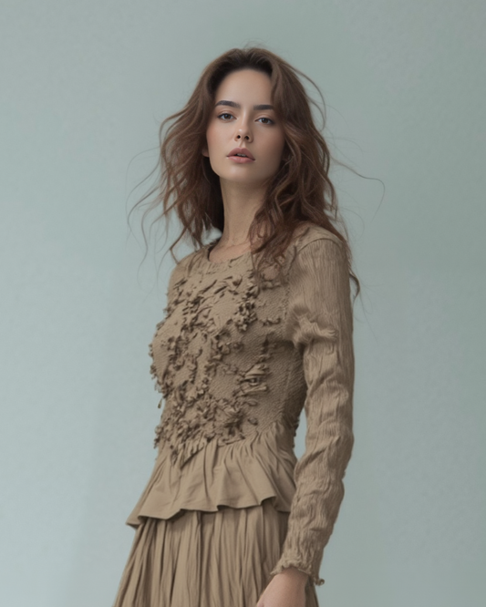 Pleated 3D flower L/S blouse (Beige)