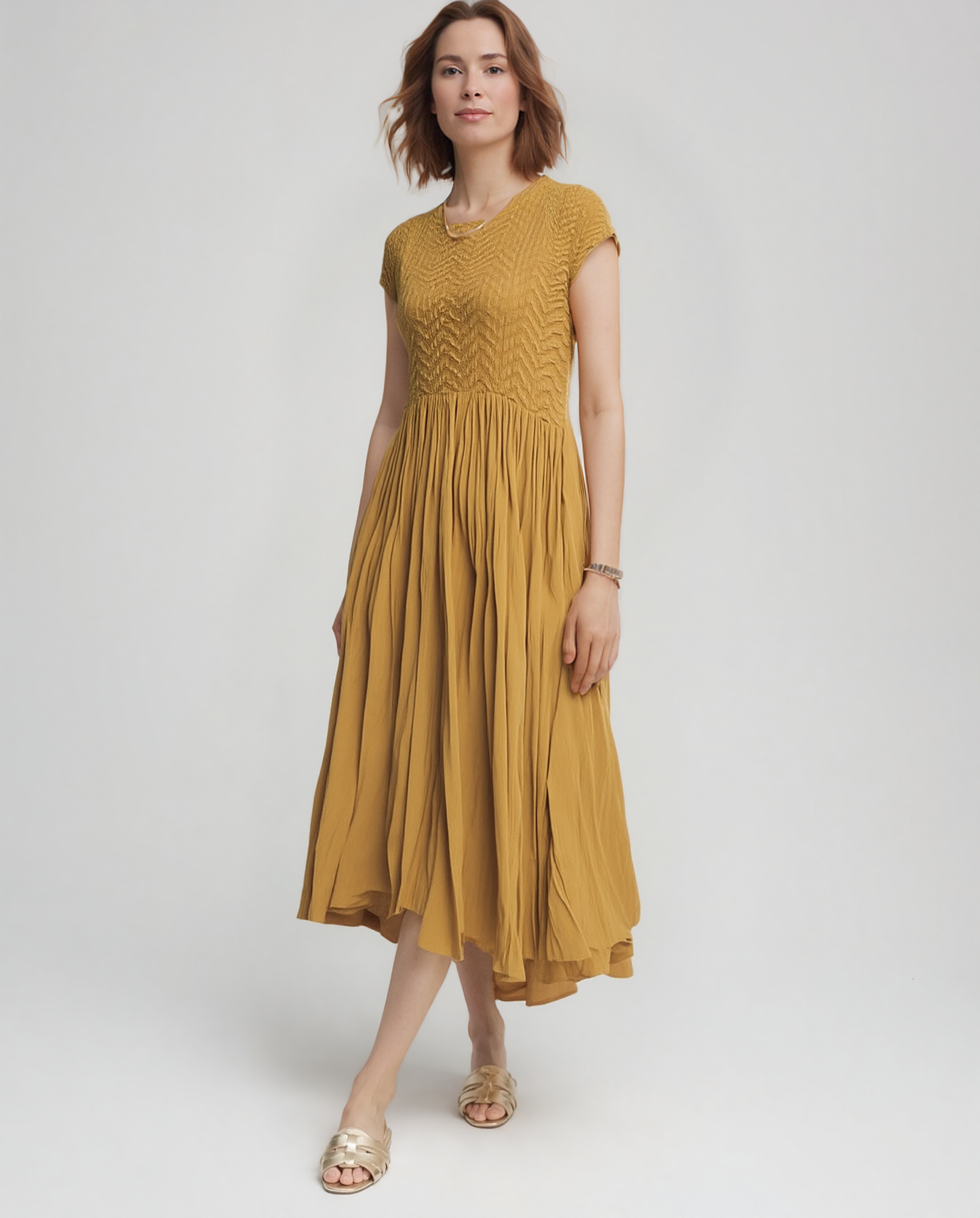 Pleated dress with Cupsleeves  ( Mustard)