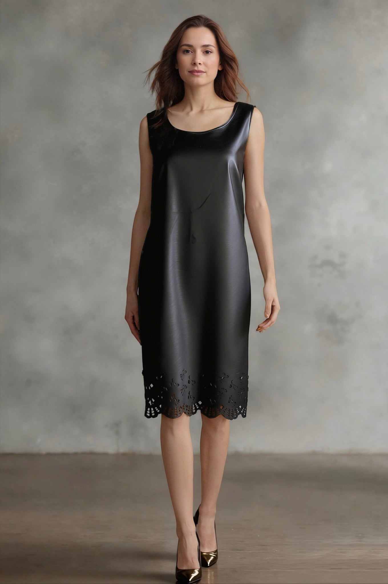 Faux Leather Laser cut butterfly shift dress (Black)