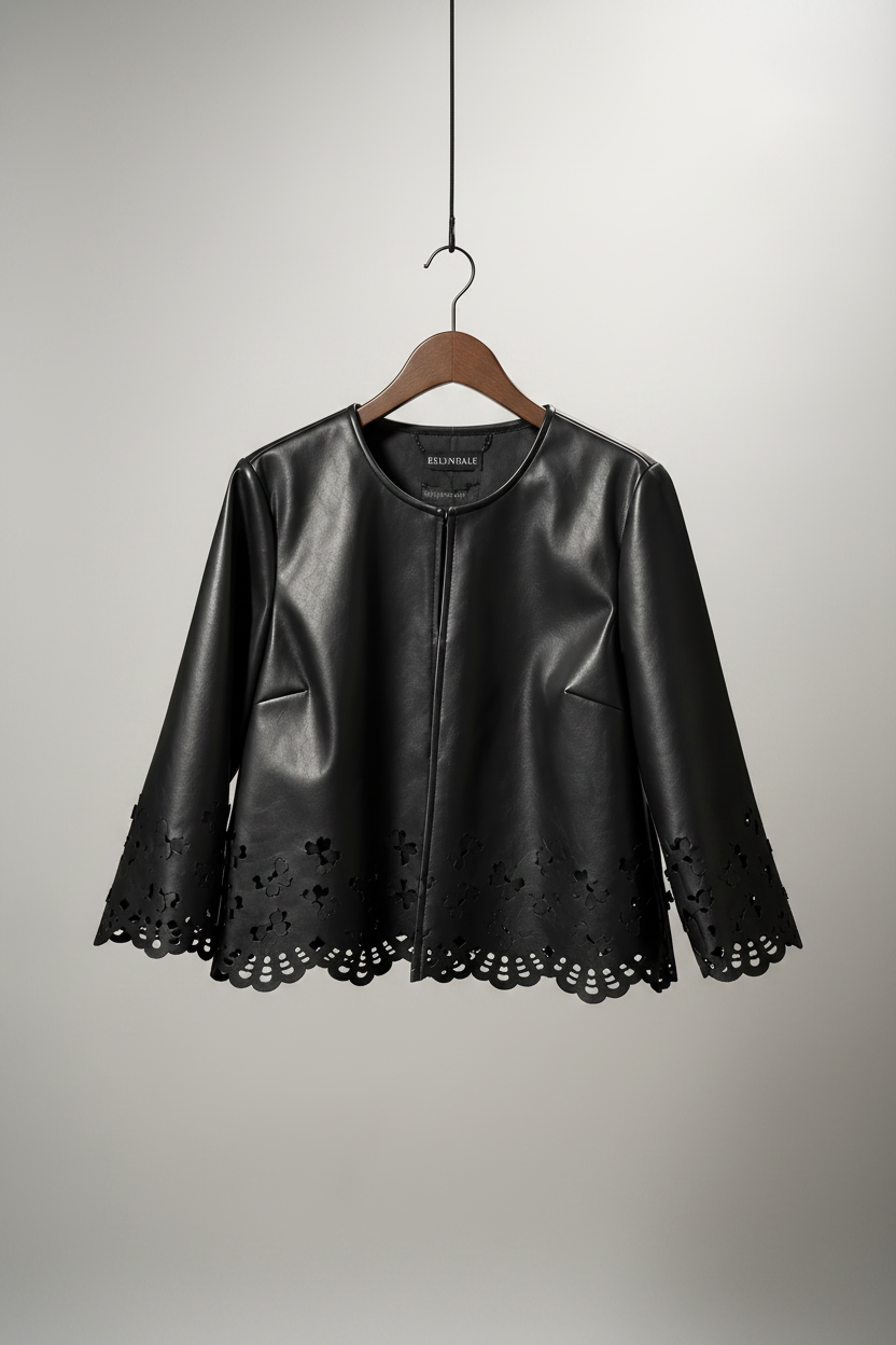 Faux Leather Laser cut butterfly short jacket (Black)