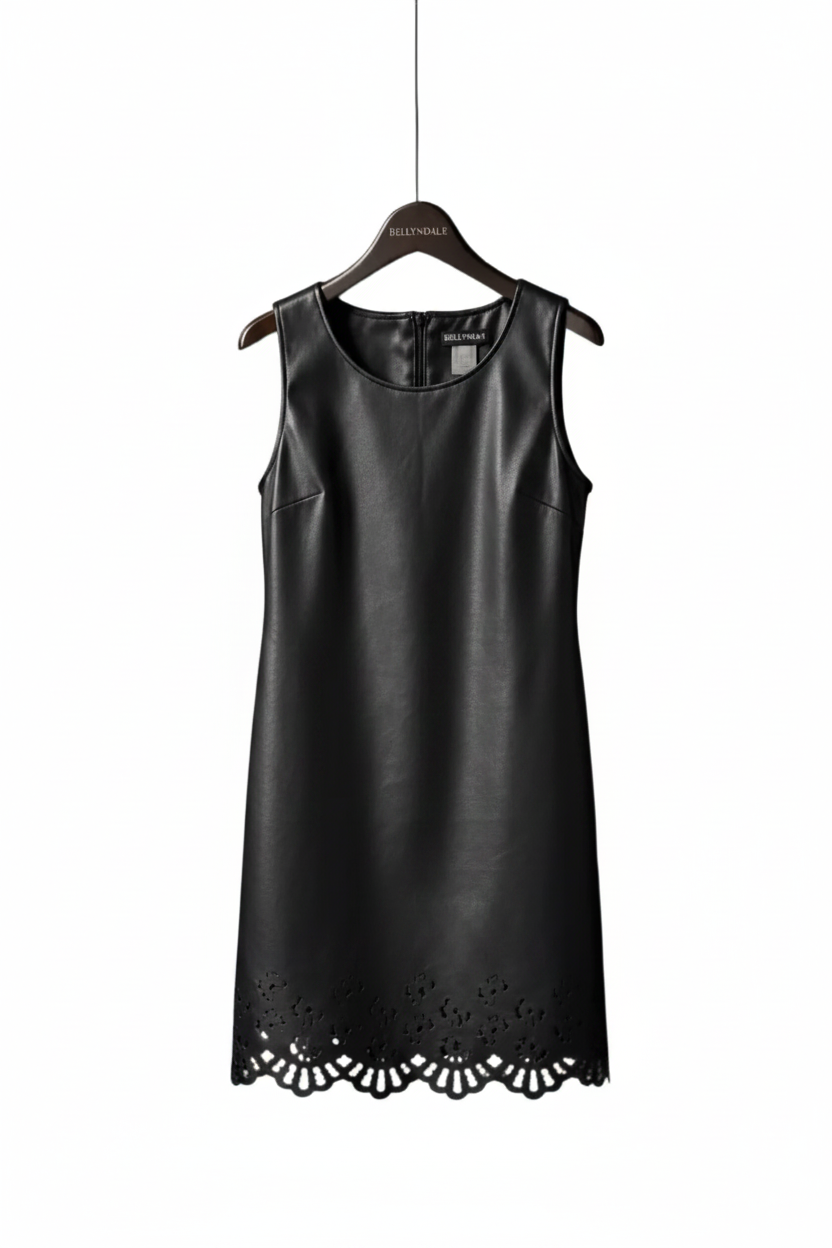 Faux Leather Laser cut butterfly shift dress (Black)