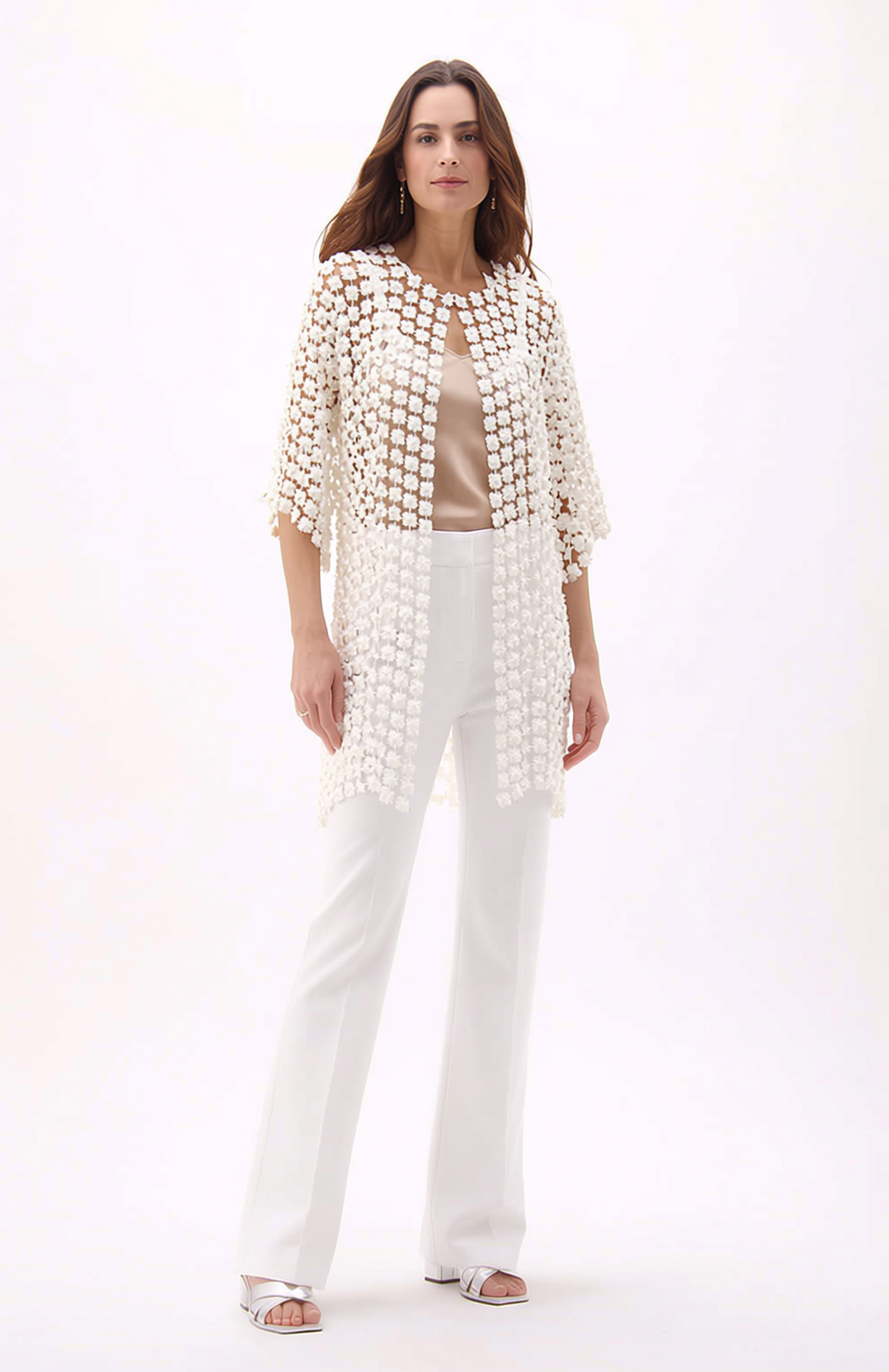 Long Lace coverup with all over Pearls attached  (White)
