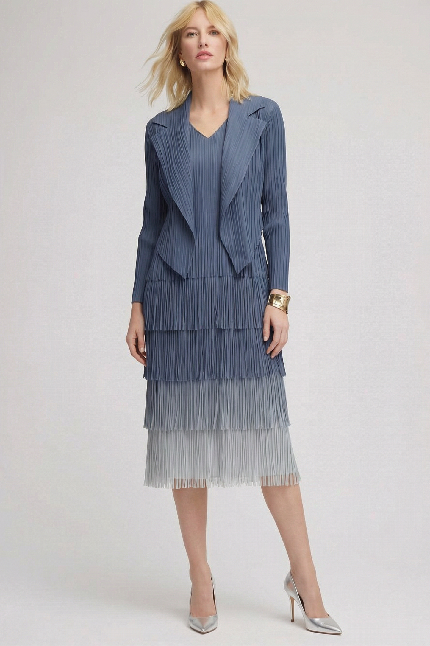 Pleating with fringe Dress set - Ombre effect (Blue)