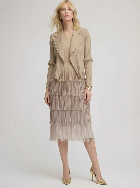 Pleating with fringe Dress set - Ombre effect (Beige)