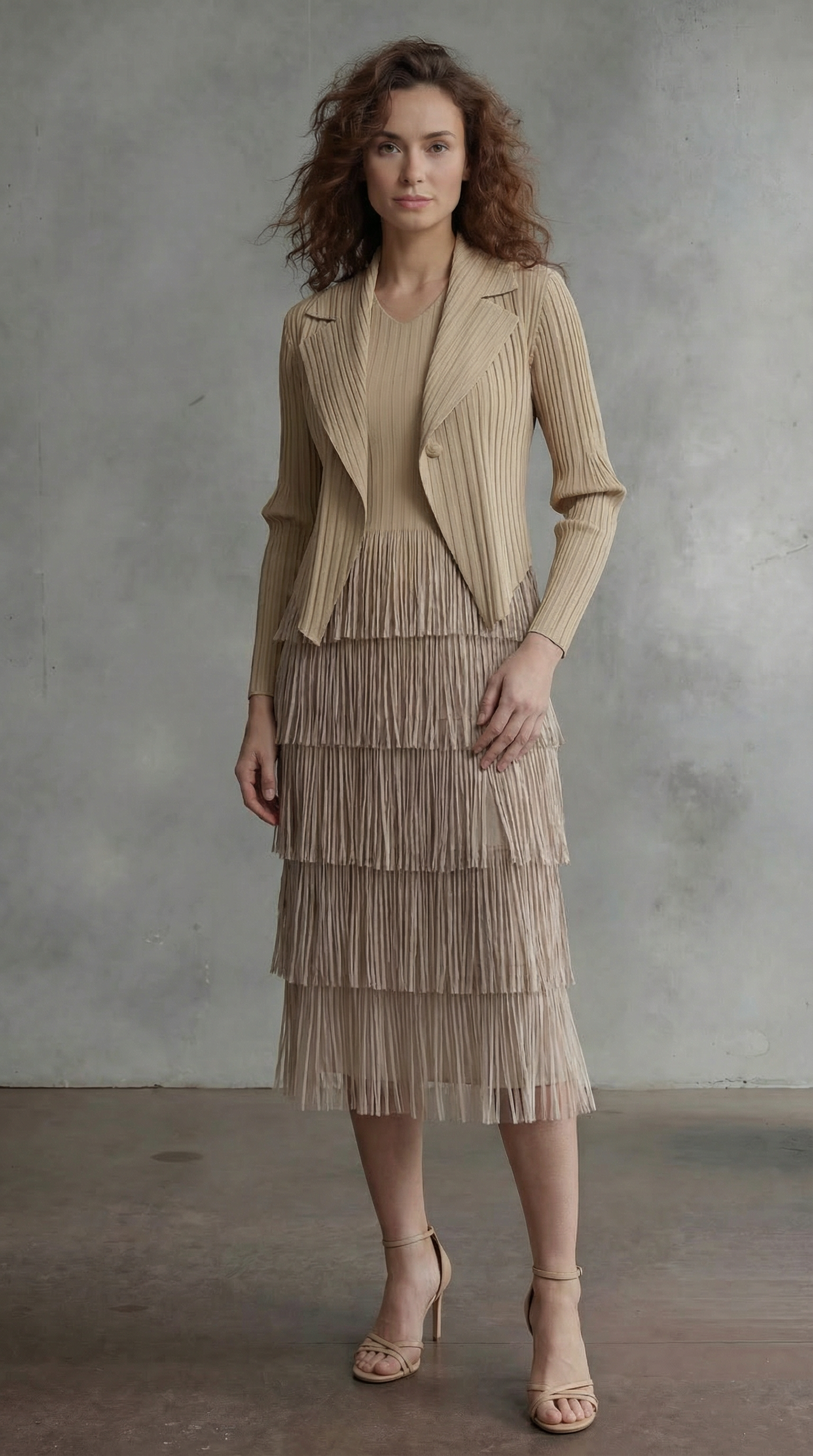 Pleating with fringe Dress set - Ombre effect (Beige)
