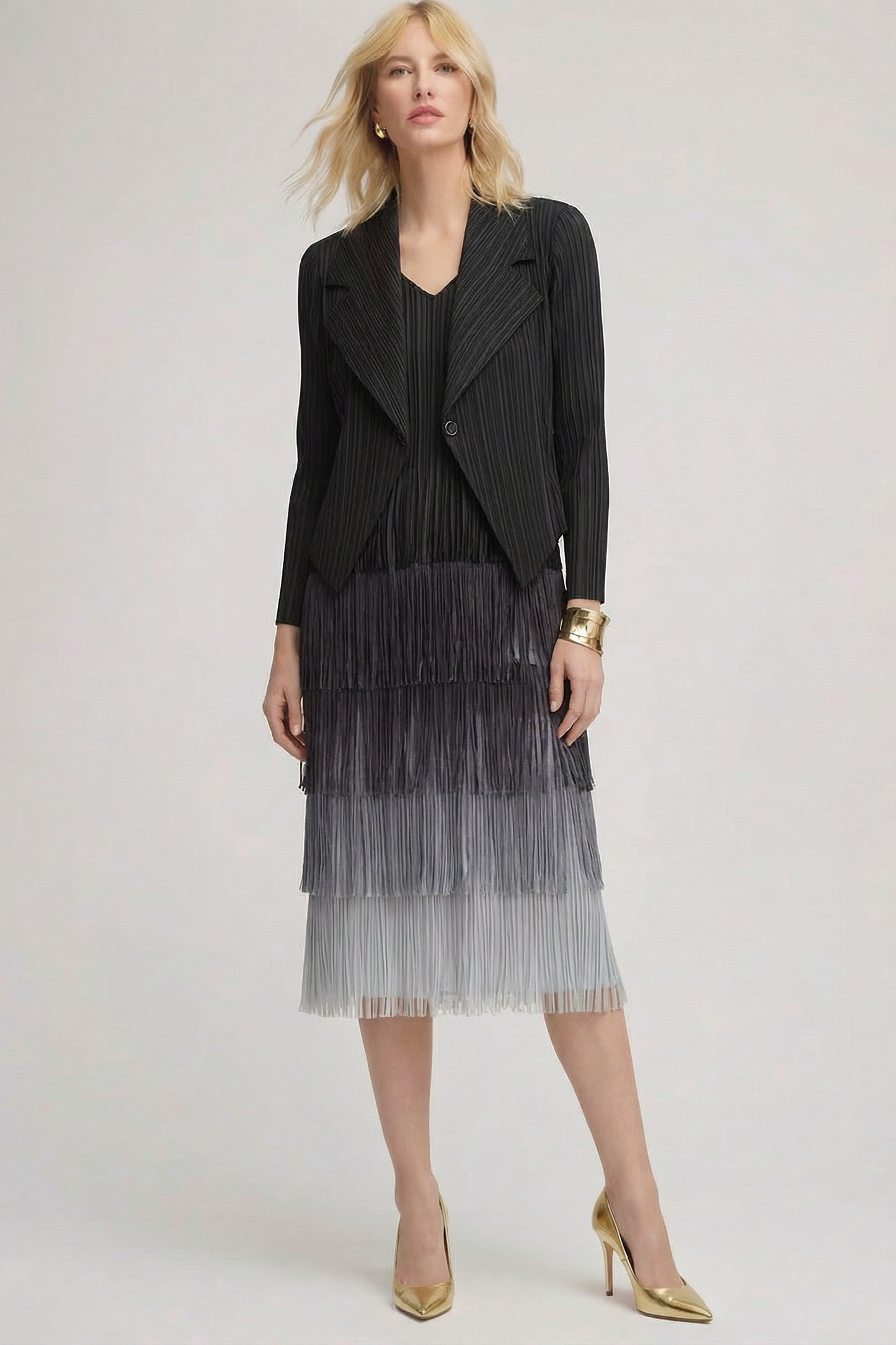 Pleating with fringe Dress set - Ombre effect (Black)