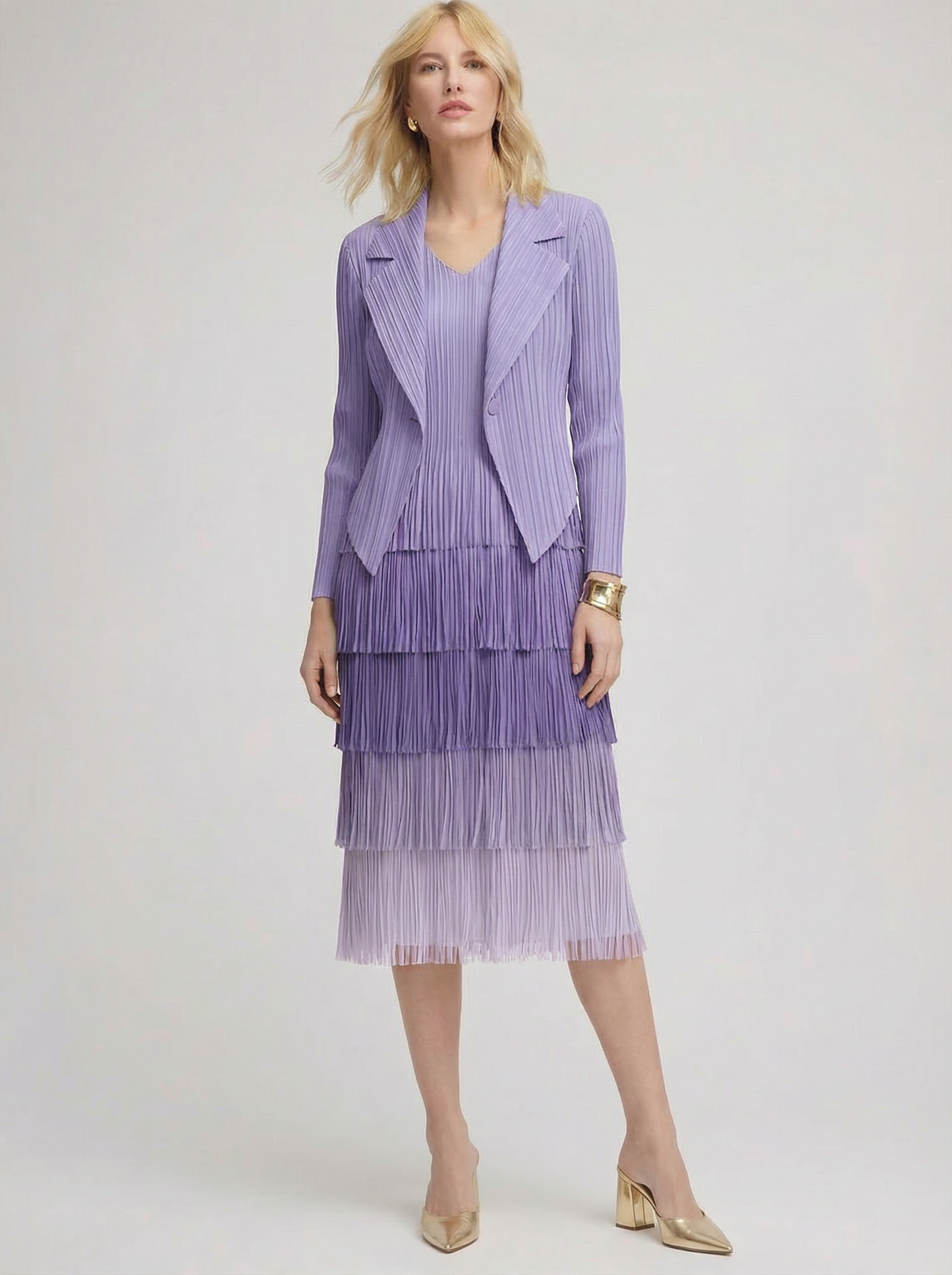 Pleating with fringe Dress set - Ombre effect (Purple)