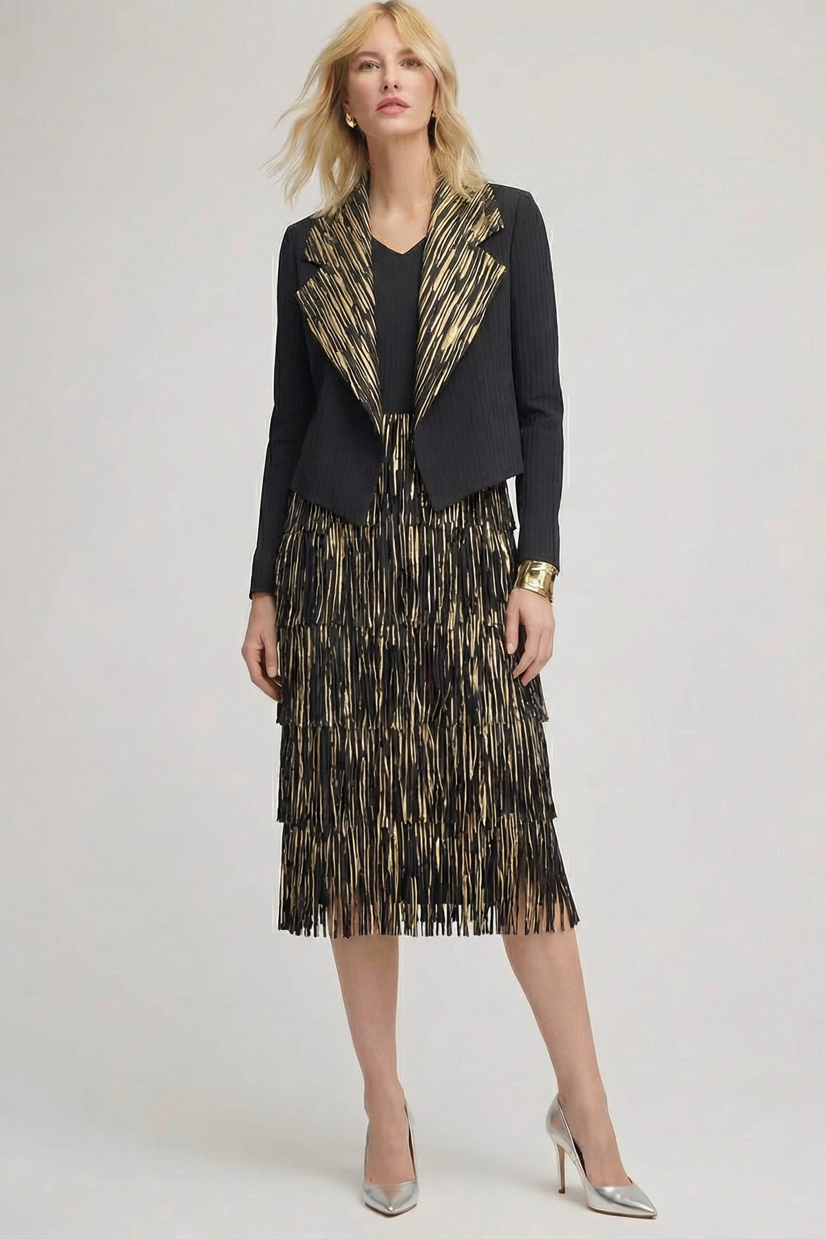 Pleating with fringe Dress set (Black/Gold)