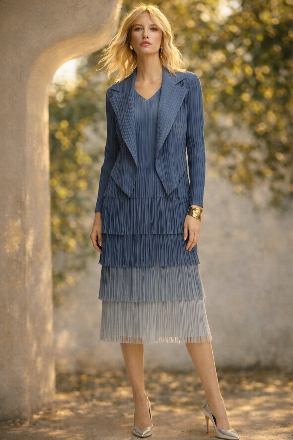 Pleating with fringe Dress set - Ombre effect (Blue)