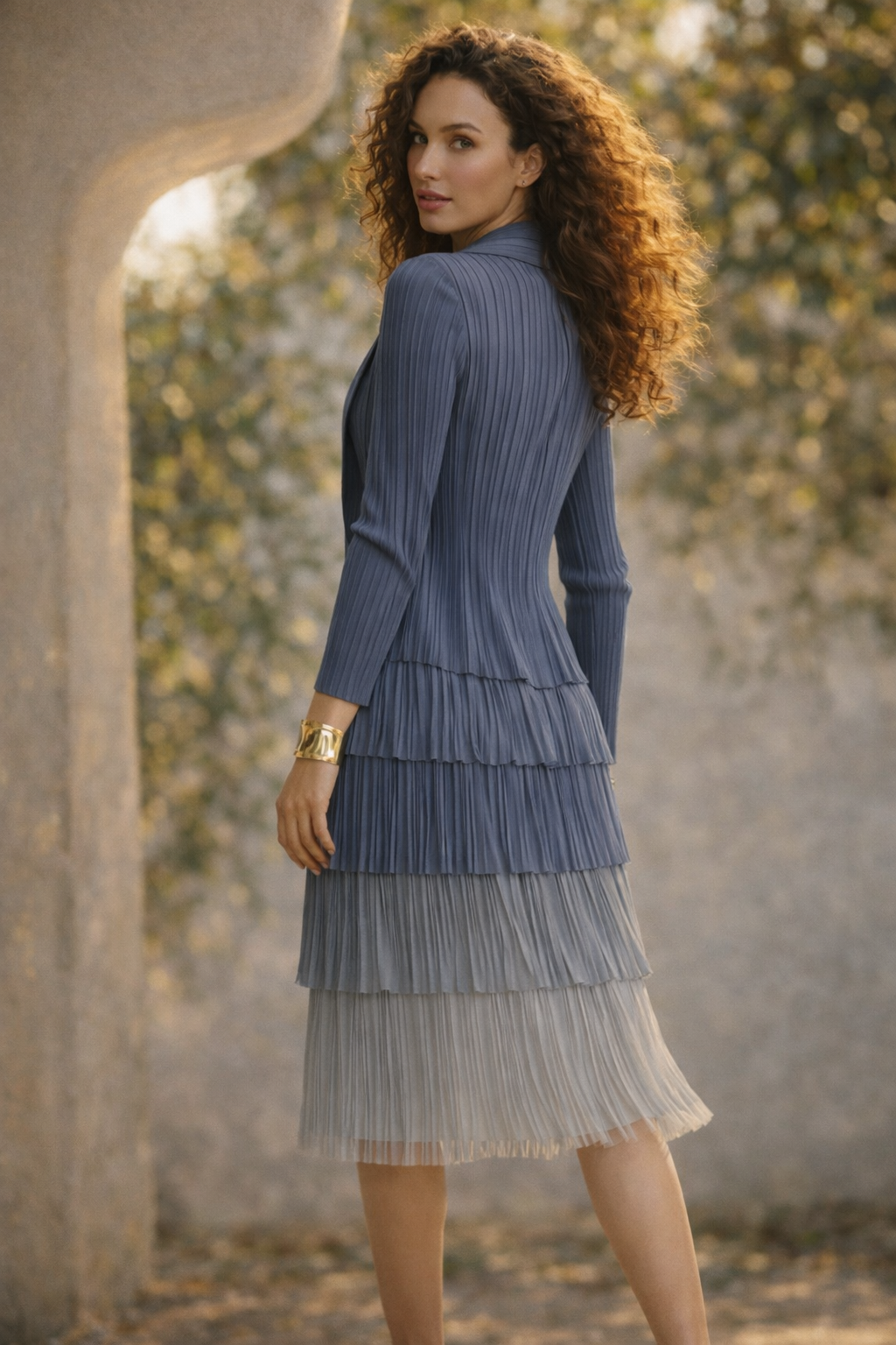 Pleating with fringe Dress set - Ombre effect (Blue)