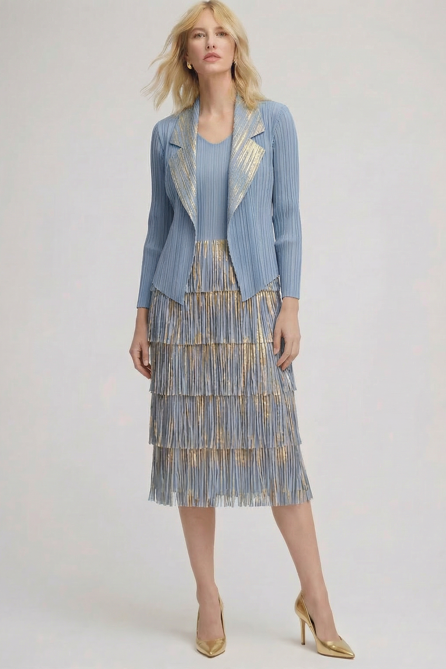 Pleating with fringe Dress set (Blue)