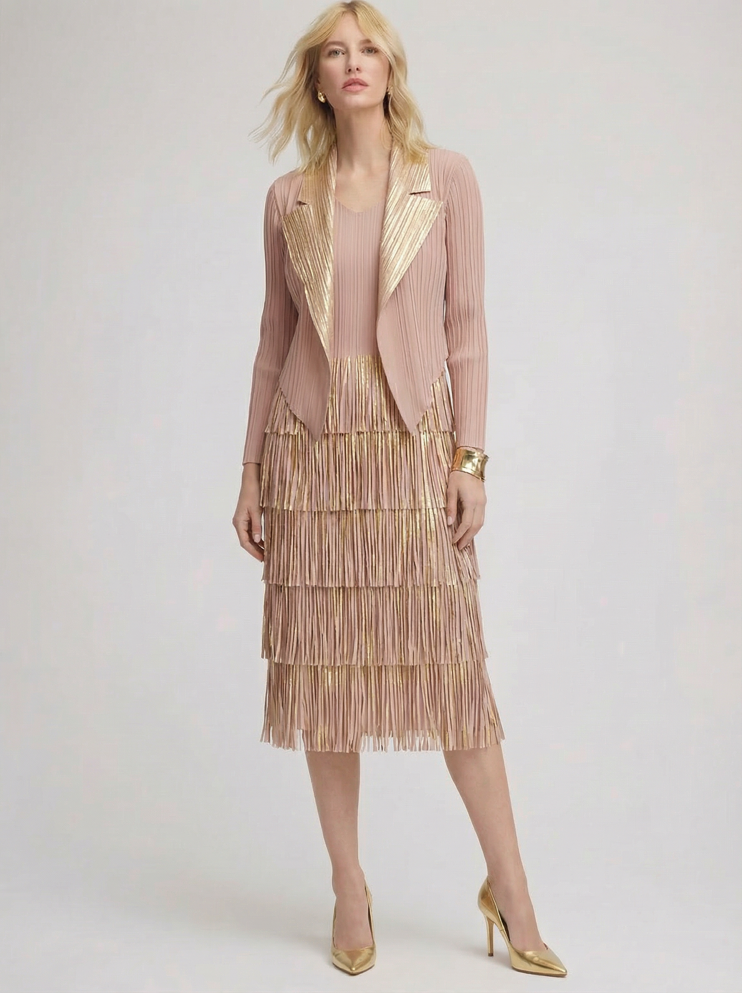 Pleating with fringe Dress set (Pink)