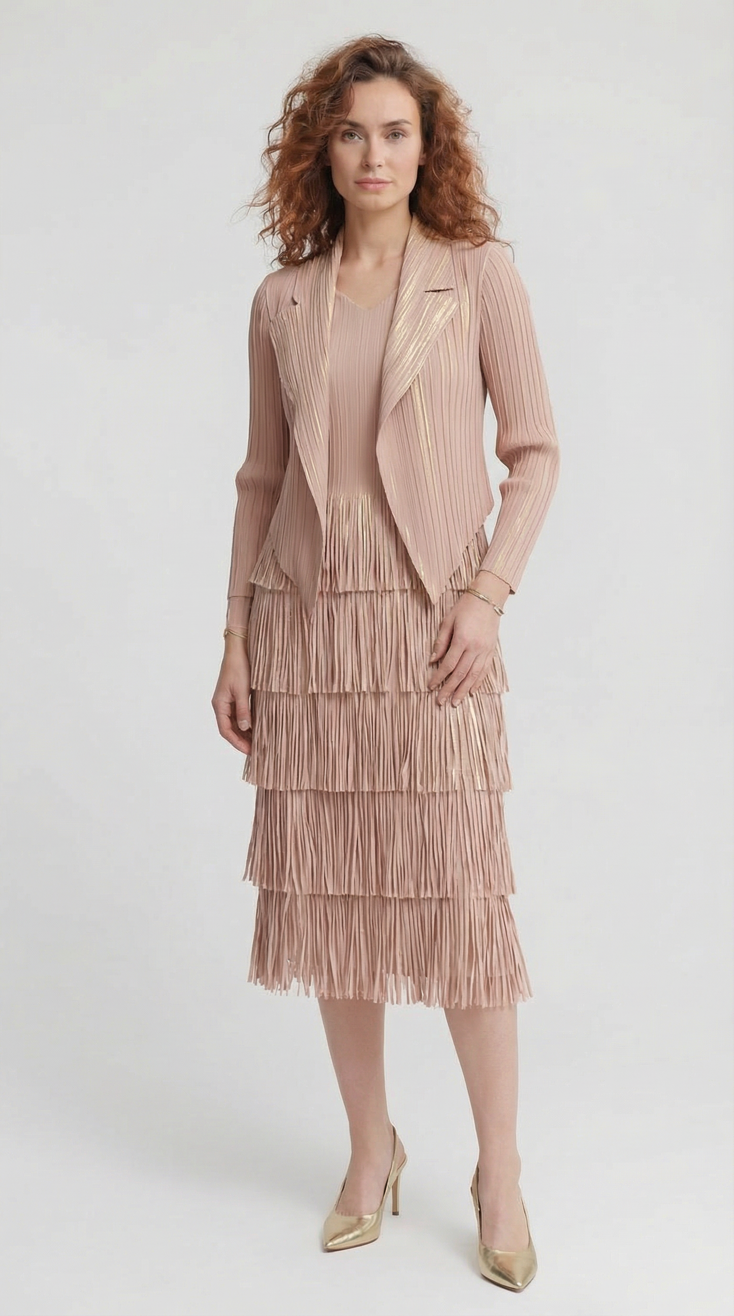 Pleating with fringe Dress set (Pink)