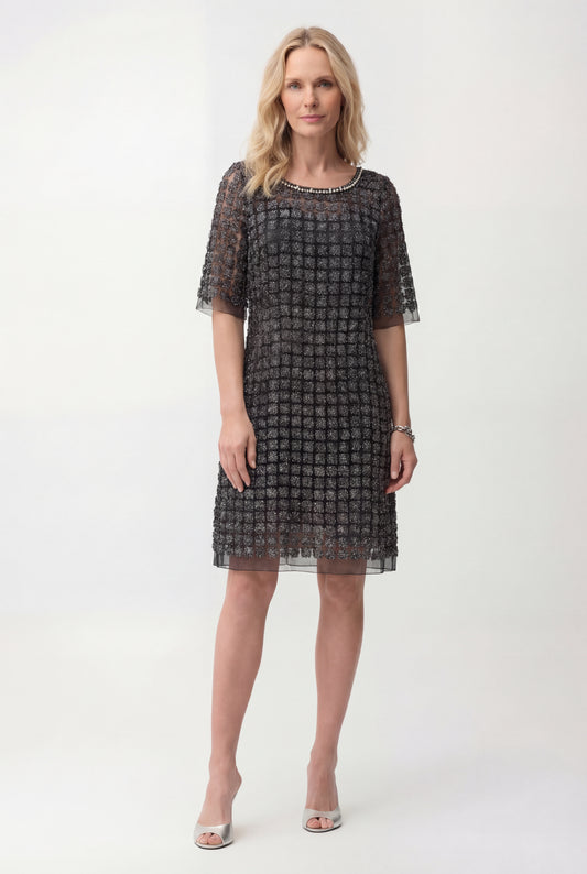 Lace Organza short sleeve Shift Dress with matching cami dress  (Black)