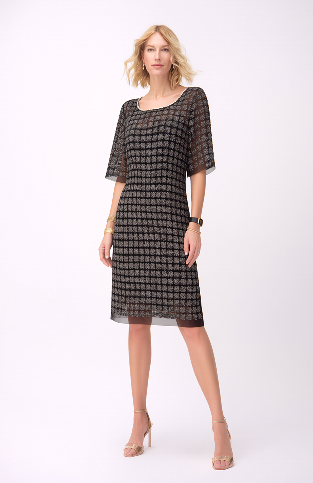Lace Organza short sleeve Shift Dress with matching cami dress  (Black)