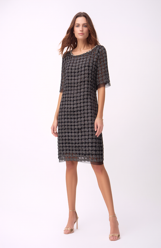 Lace Organza short sleeve Shift Dress with matching cami dress  (Black)